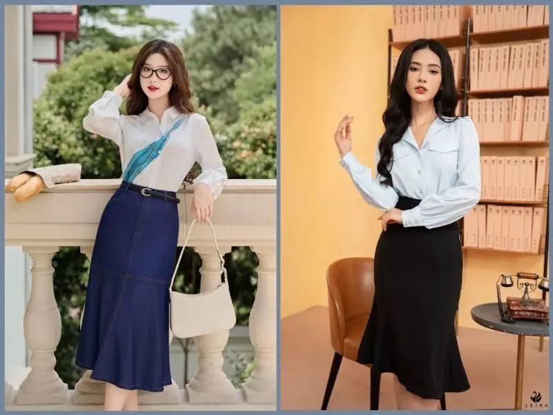 Phối đồ công sở trẻ trung, kín đáo mix áo sơ mi và chân váy dài