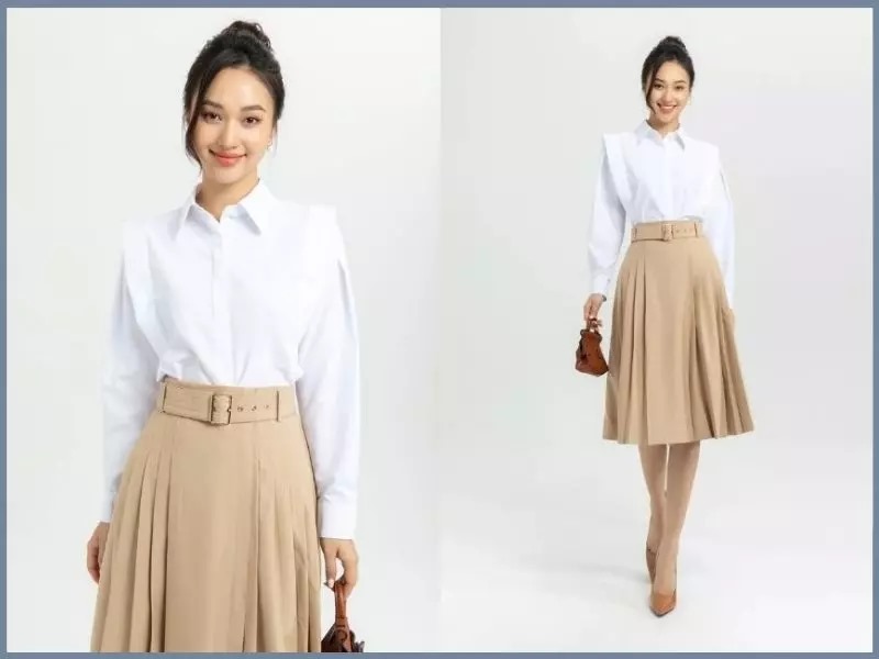 Yêu thích phong cách nhẹ nhàng, thanh lịch mix áo sơ mi và chân váy xòe
